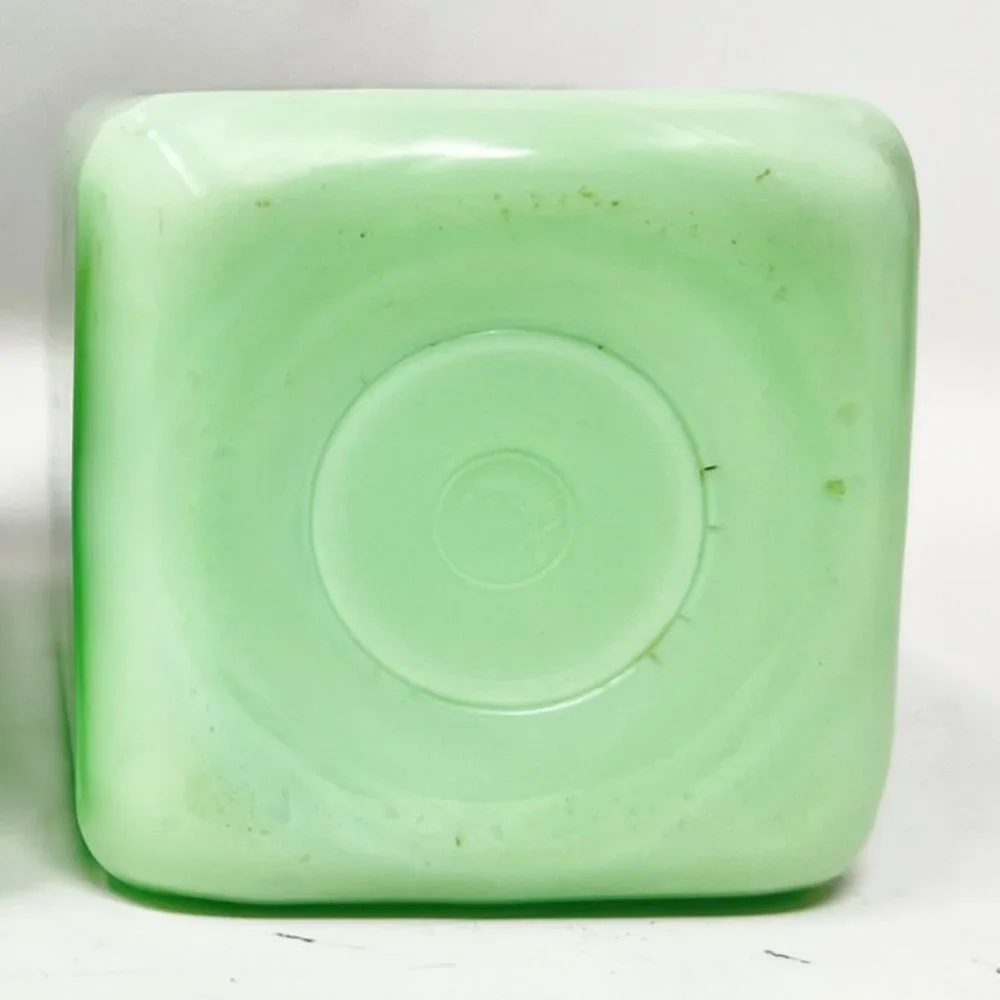 McKee Jadite Uranium Large Letters Glass Salt Shaker - Damaged Lid Front Graphic